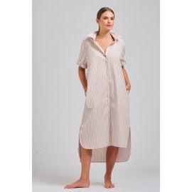 Shirty The Annie Short Sleeve Shirt Dress - Stone White Stripe