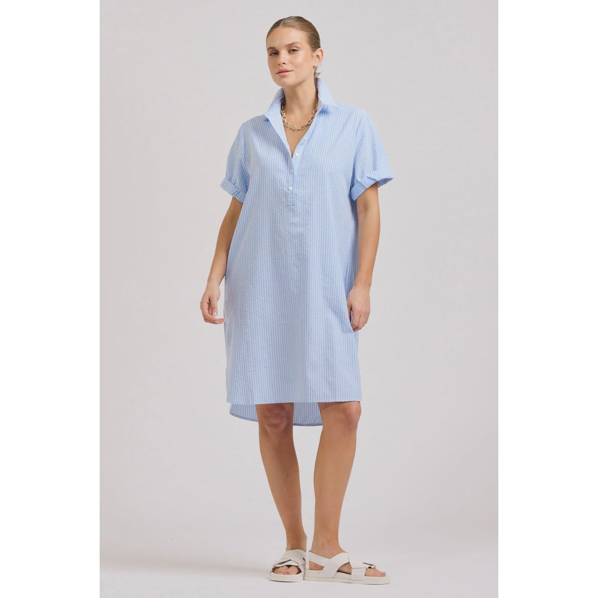 Shirty The Katie S/S Popover Dress - Mid Blue Stripe