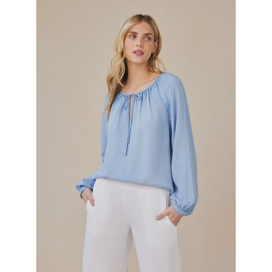 Bella Dahl Shirred Raglan Tie Front Shirt - Coastal Spray Wash