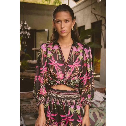 Once Was Elysian Silk Cotton Placement Print Cuffed Shirt
