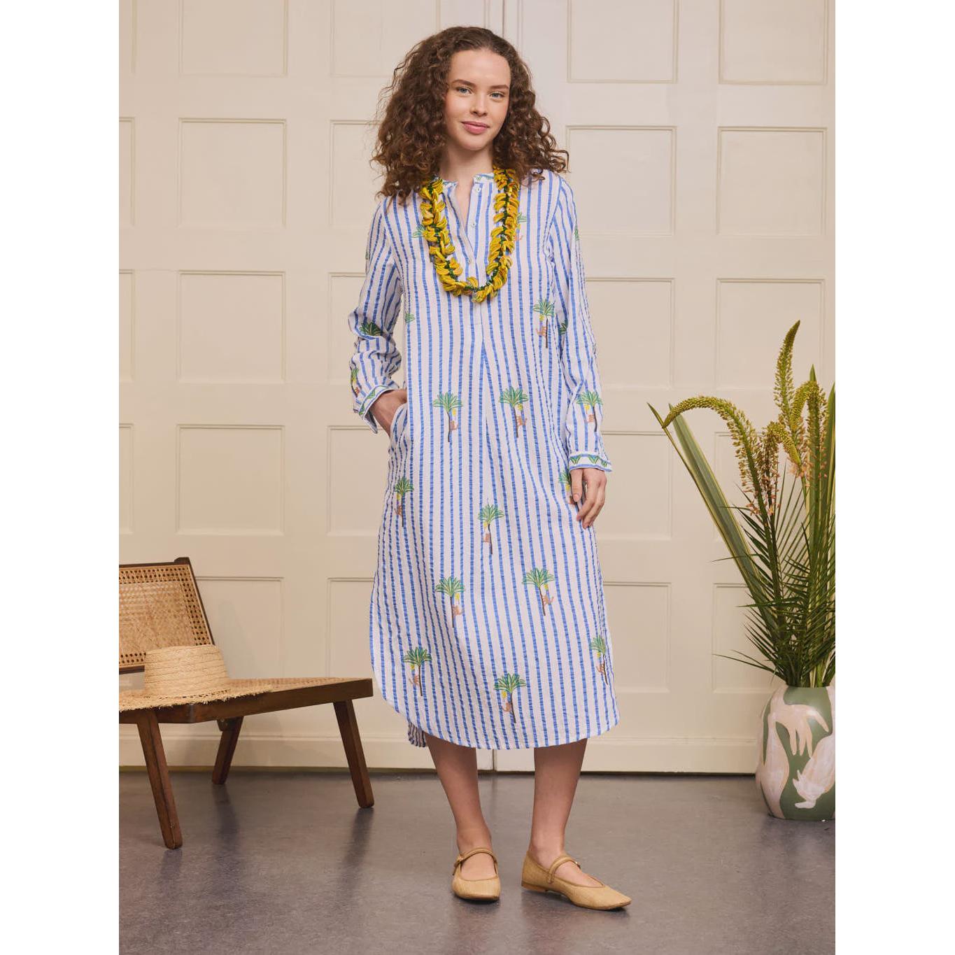 Nimo With Love Cedar Kaftan - Blue Stripe palm Embroidery
