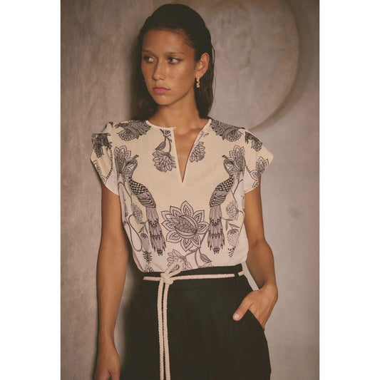 Once Was Avis Dobby Print Top - Imperial Stone