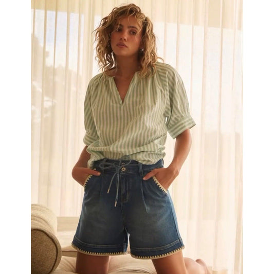 Kireina  Abigail Front Pleated Denim Short With Blanket Stitch - 70s Blue  Kireina Pisces Boutique