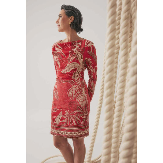 Once Was Helsa Draped Neck Cupro Viscose Stretch Long Sleeve Dress - Crimson Palms