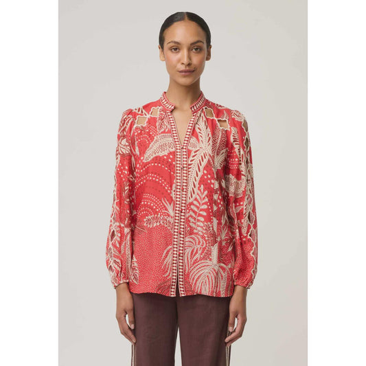 Once Was Audrey Embroidered Viscose Faille Blouse - Crimson Palms