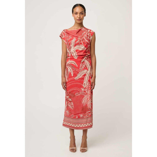 Once Was Monique Draped Neck Cupro Viscose Stretch Column Dress - Crimson Palms