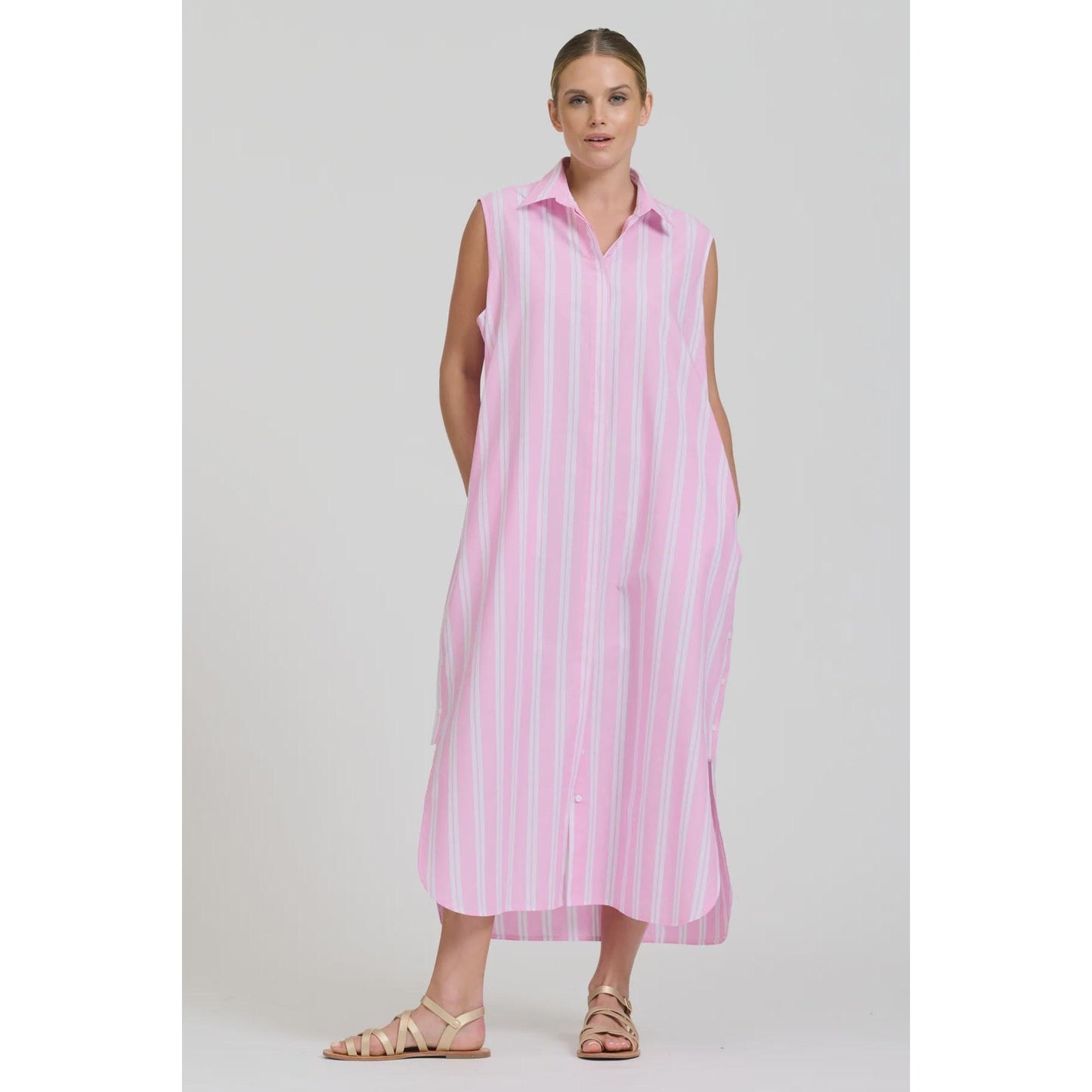Shirty Button Sleeveless Longline Shirtdress - Pink Stripe  Shirty Pisces Boutique