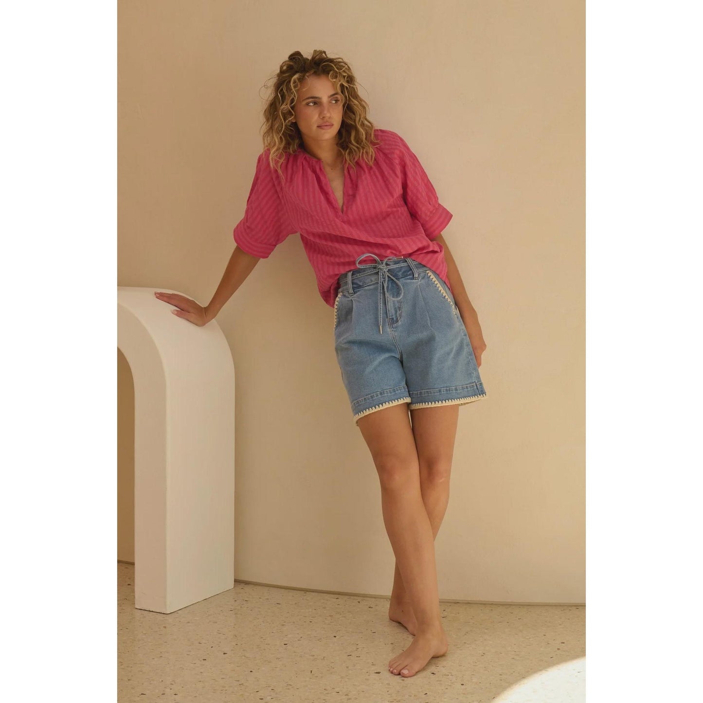 Kireina  Abigail Front Pleated Denim Short With Blanket Stitch - 70s Blue  Kireina Pisces Boutique