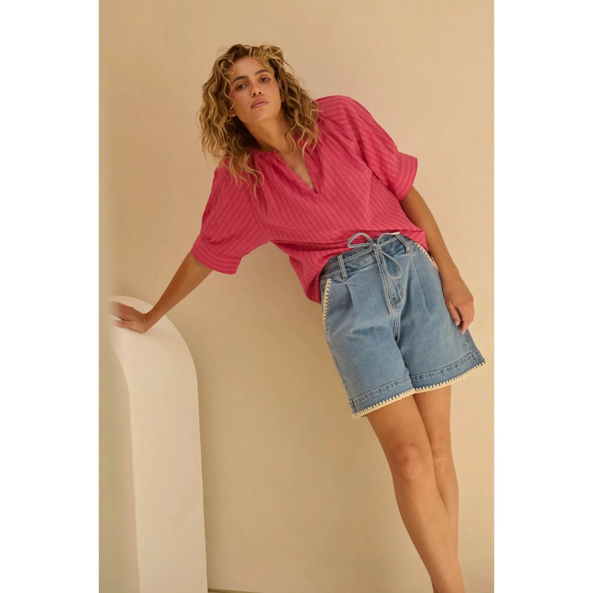 Kireina  Abigail Front Pleated Denim Short With Blanket Stitch - 70s Blue  Kireina Pisces Boutique