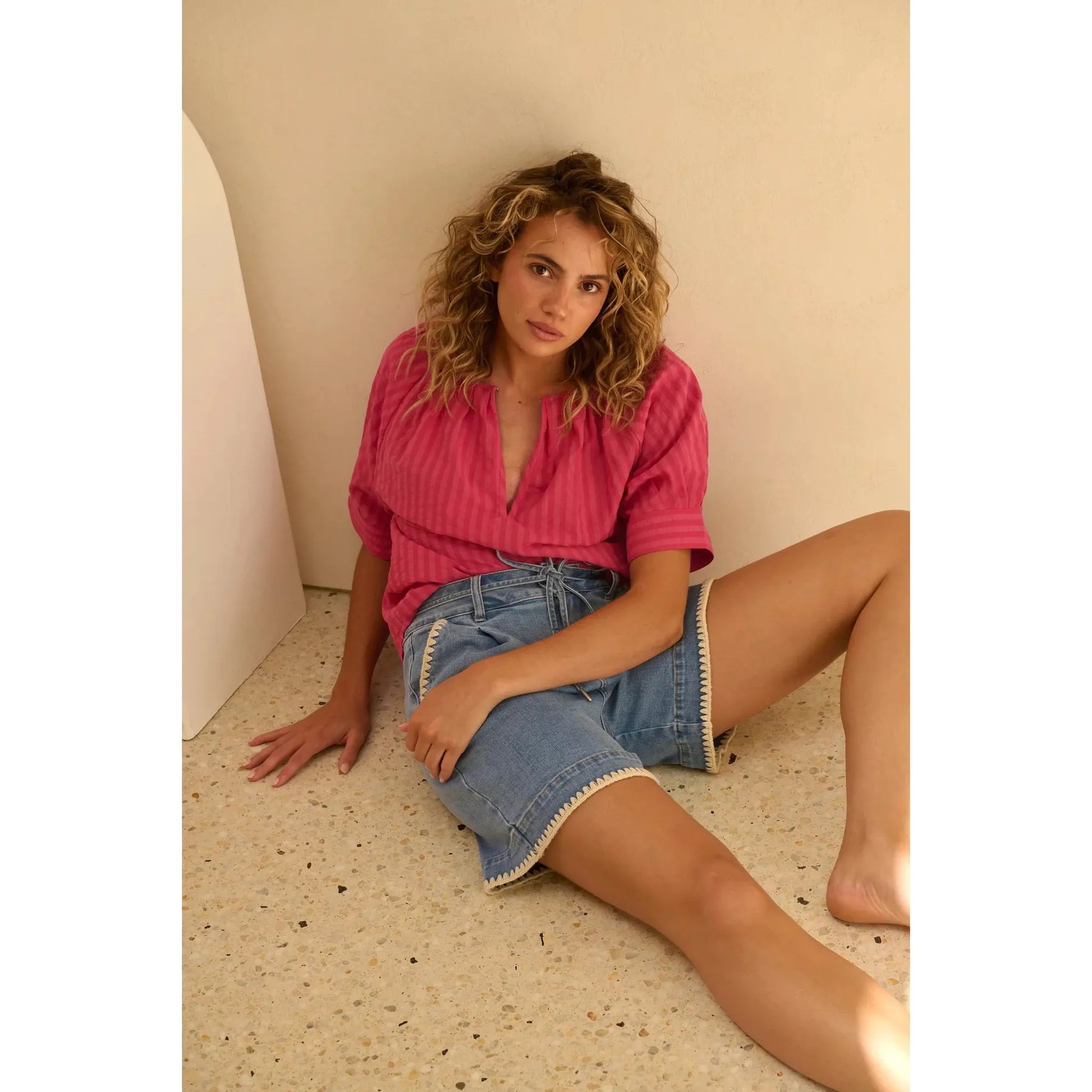 Kireina  Abigail Front Pleated Denim Short With Blanket Stitch - 70s Blue  Kireina Pisces Boutique