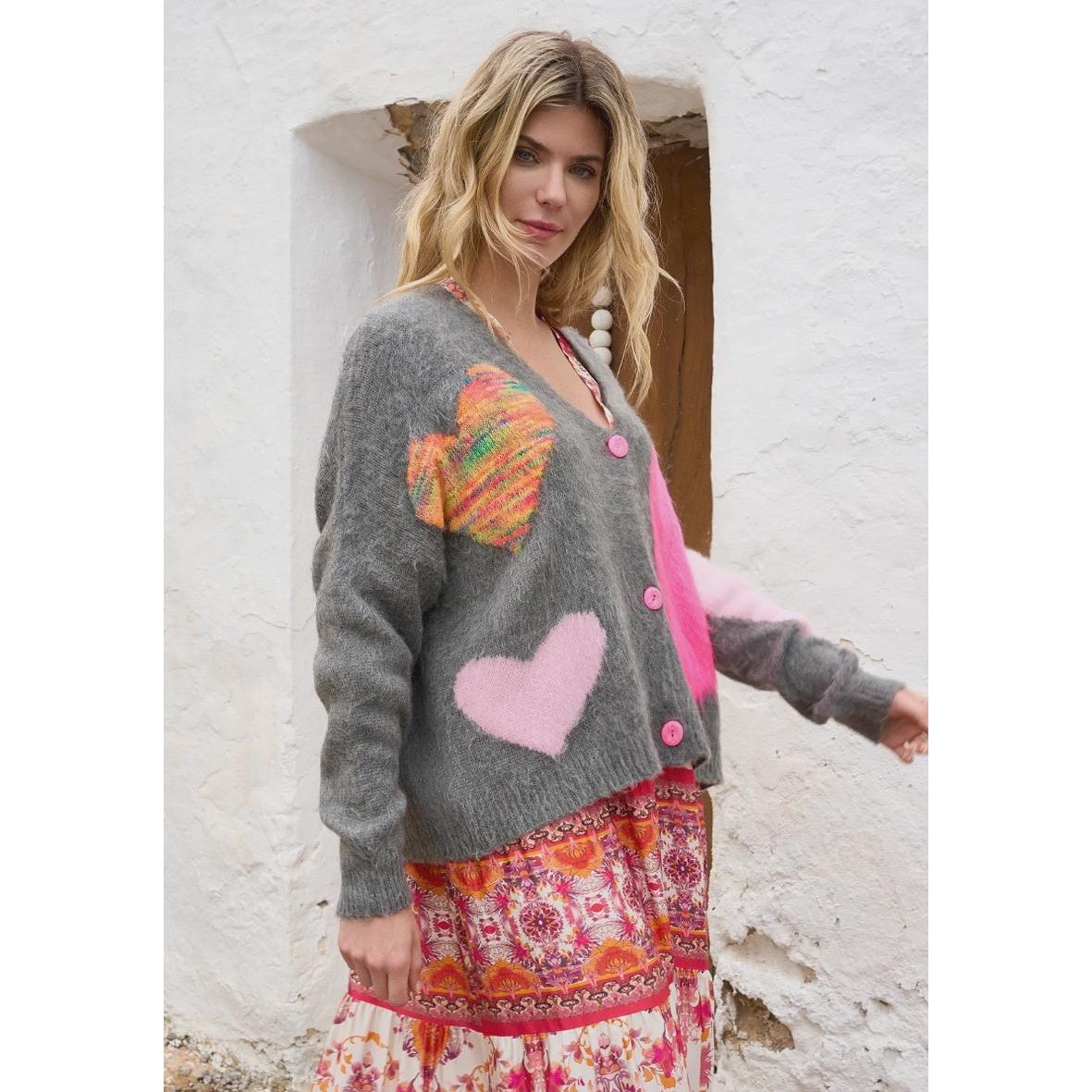 Miss GoodLife V- Neck Cardigan Hearts All Over - Dark Grey  Miss Goodlife Pisces Boutique