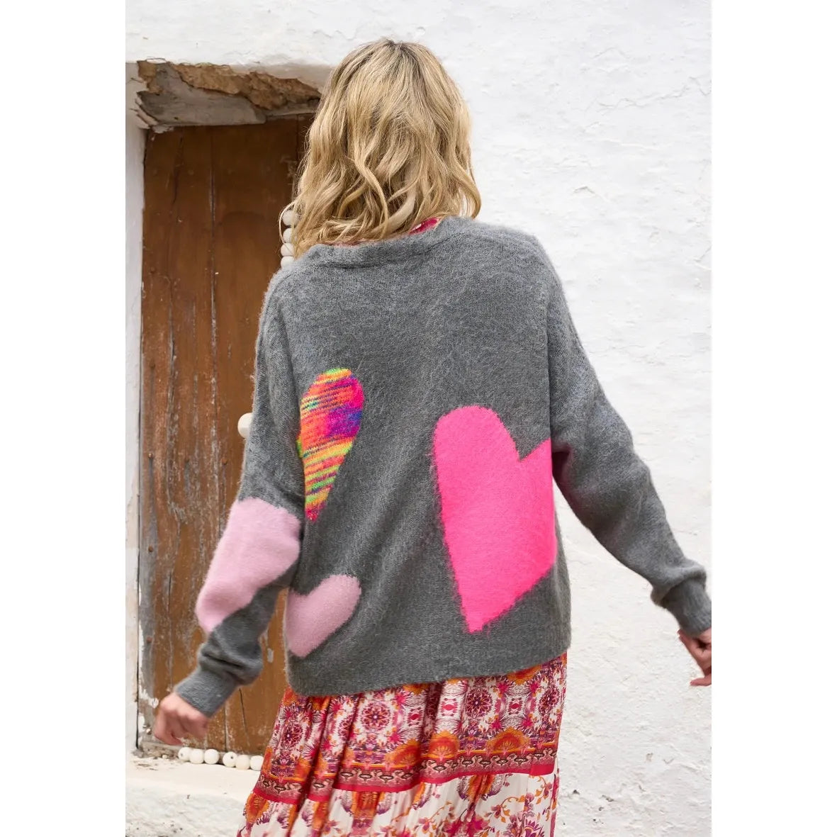 Miss GoodLife V- Neck Cardigan Hearts All Over - Dark Grey  Miss Goodlife Pisces Boutique