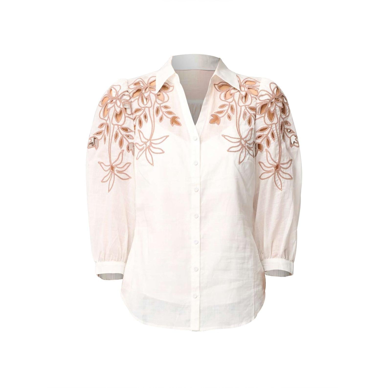 Once Was Callisto Cotton Embroidered Shirt in Ivory-Dune  Once Was Pisces Boutique