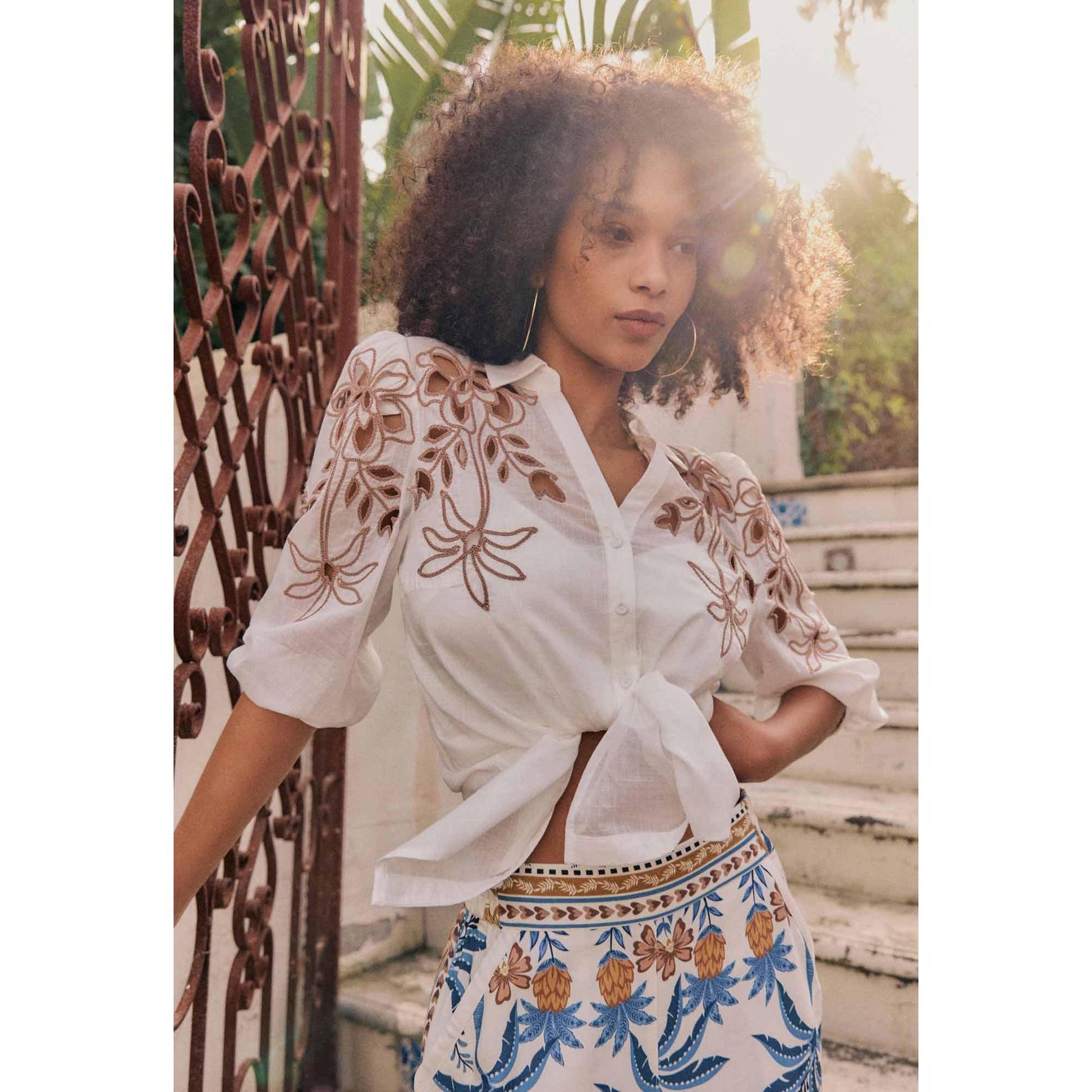 Once Was Callisto Cotton Embroidered Shirt in Ivory-Dune  Once Was Pisces Boutique