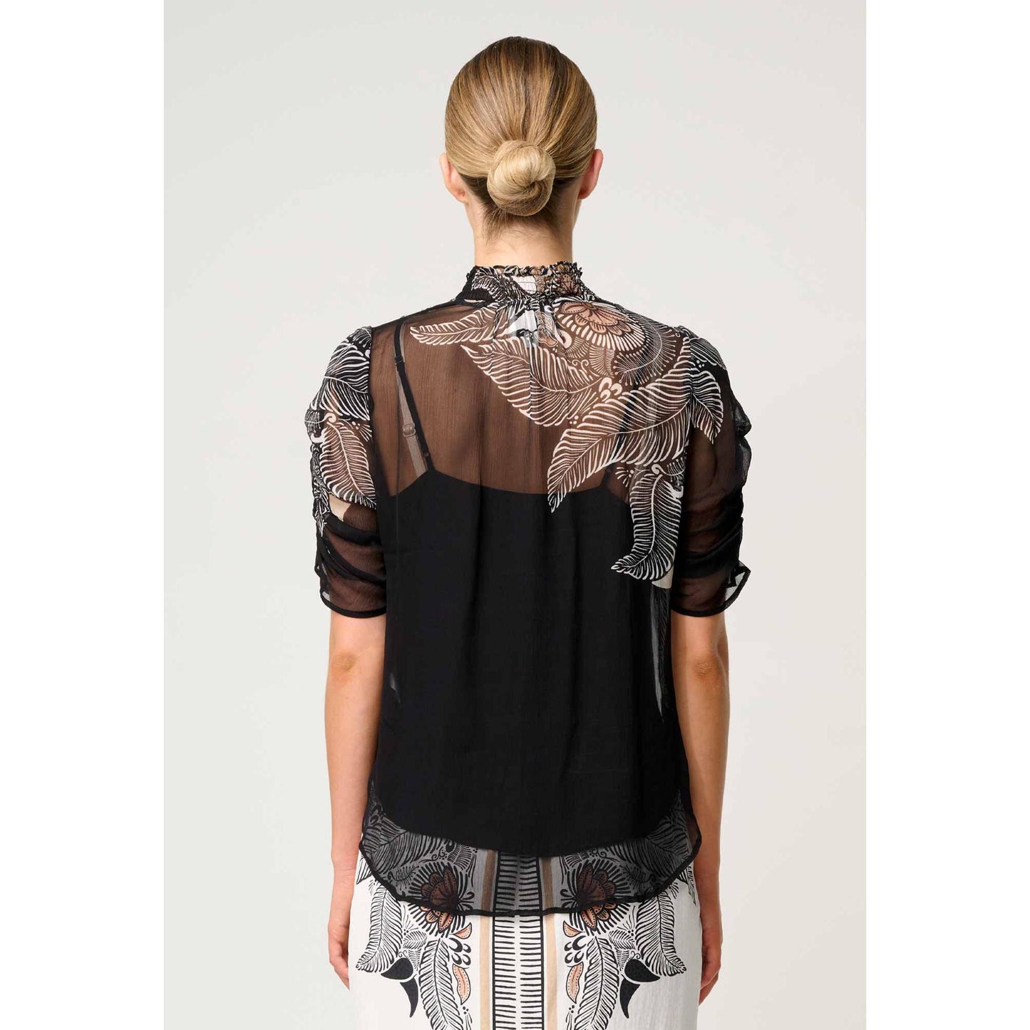 Once Was Samira Viscose Chiffon Ruched Sleeve Blouse - Onyx Casablanca