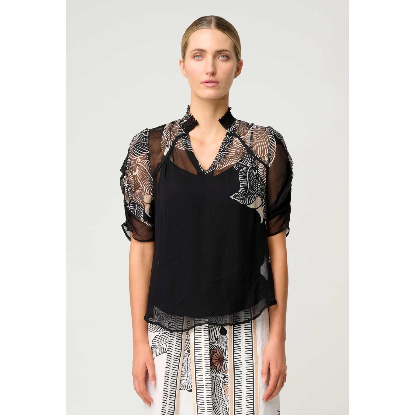 Once Was Samira Viscose Chiffon Ruched Sleeve Blouse - Onyx Casablanca