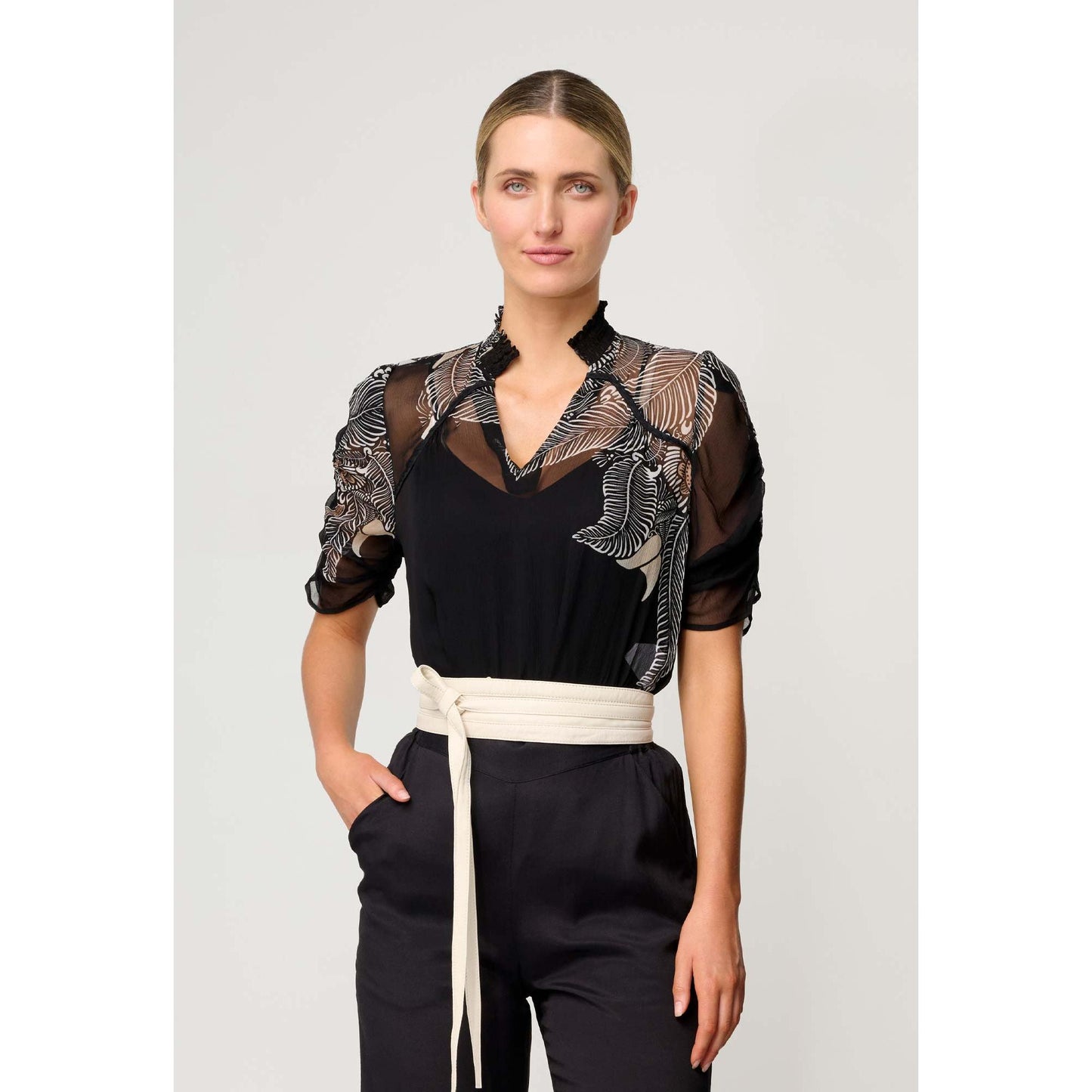 Once Was Samira Viscose Chiffon Ruched Sleeve Blouse - Onyx Casablanca