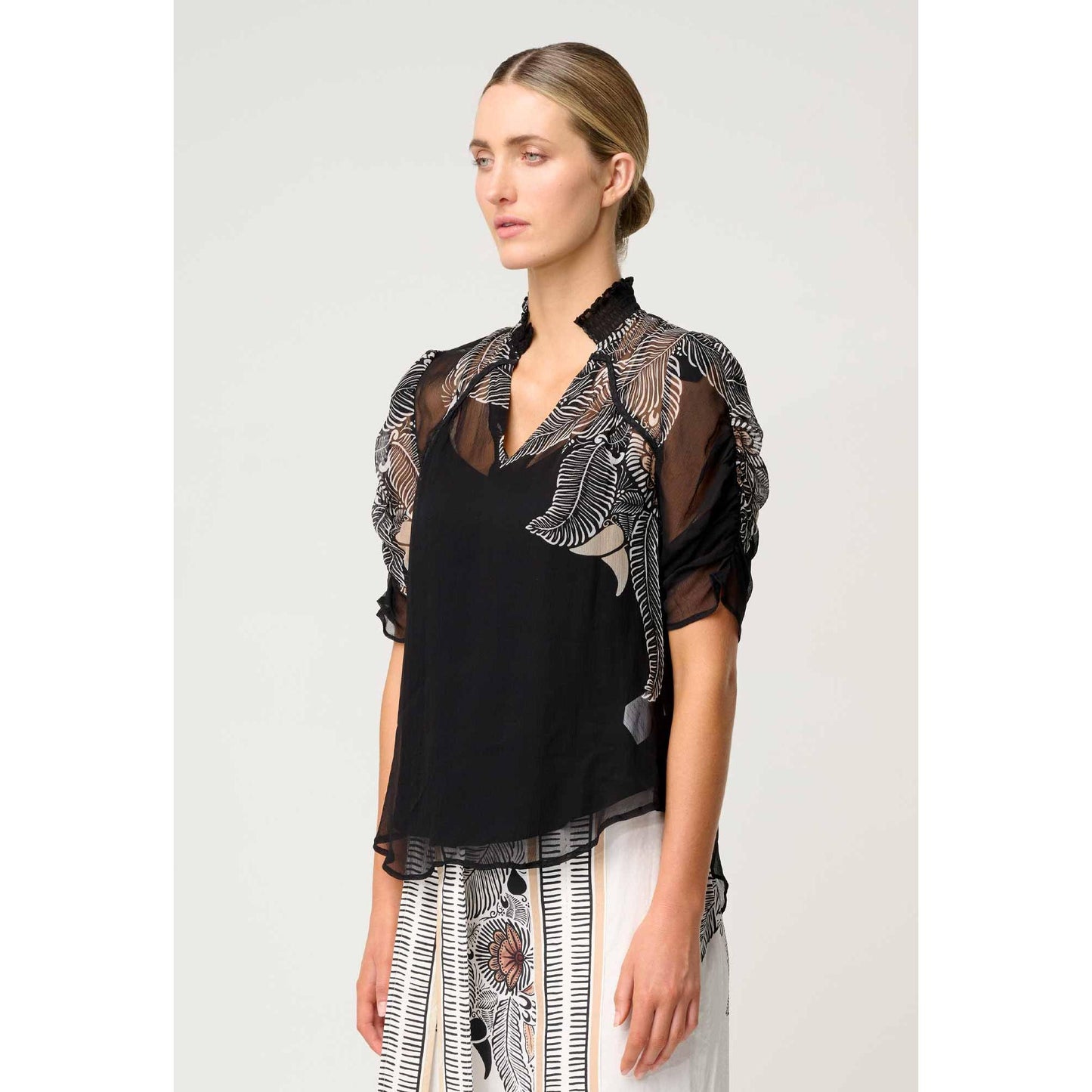 Once Was Samira Viscose Chiffon Ruched Sleeve Blouse - Onyx Casablanca