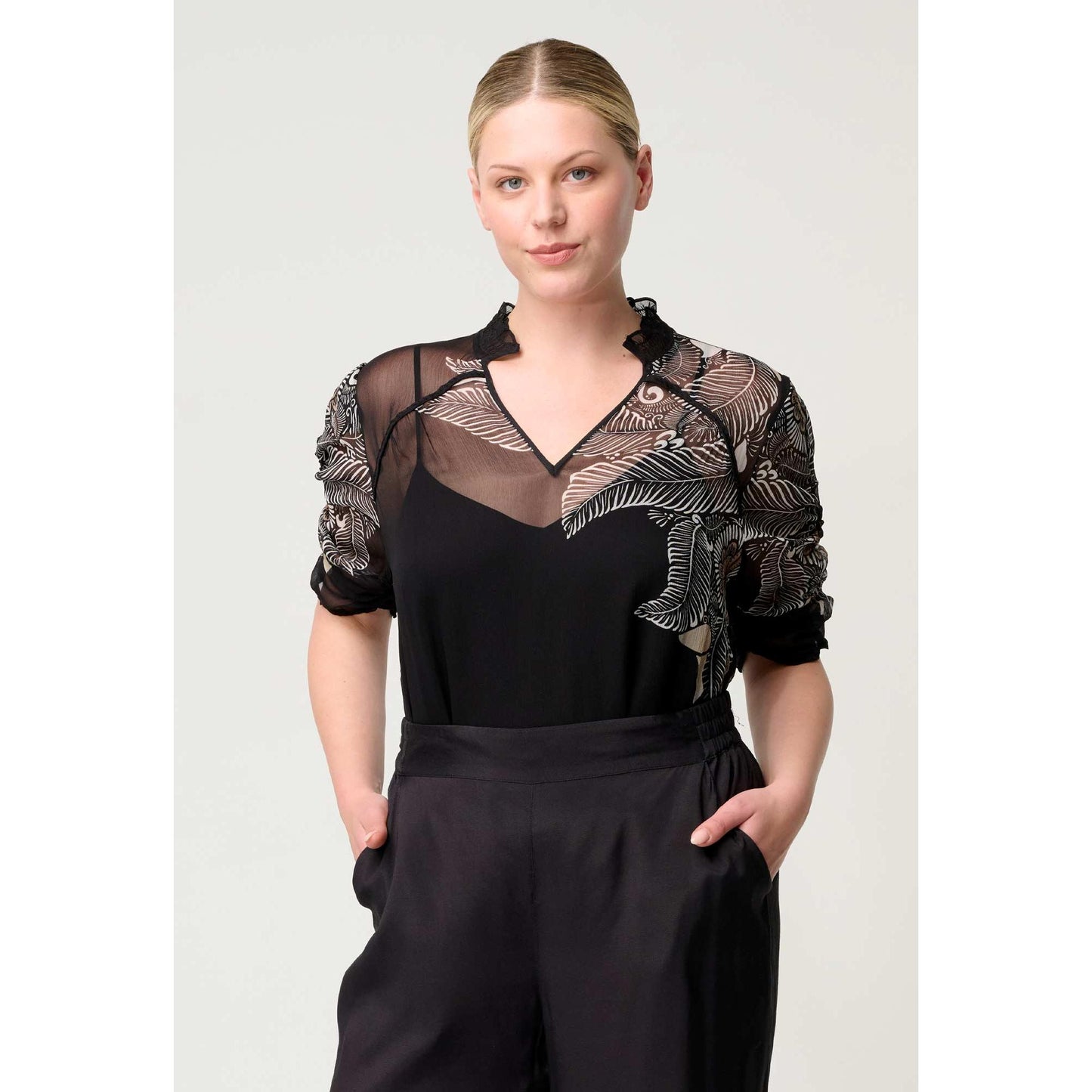 Once Was Samira Viscose Chiffon Ruched Sleeve Blouse - Onyx Casablanca
