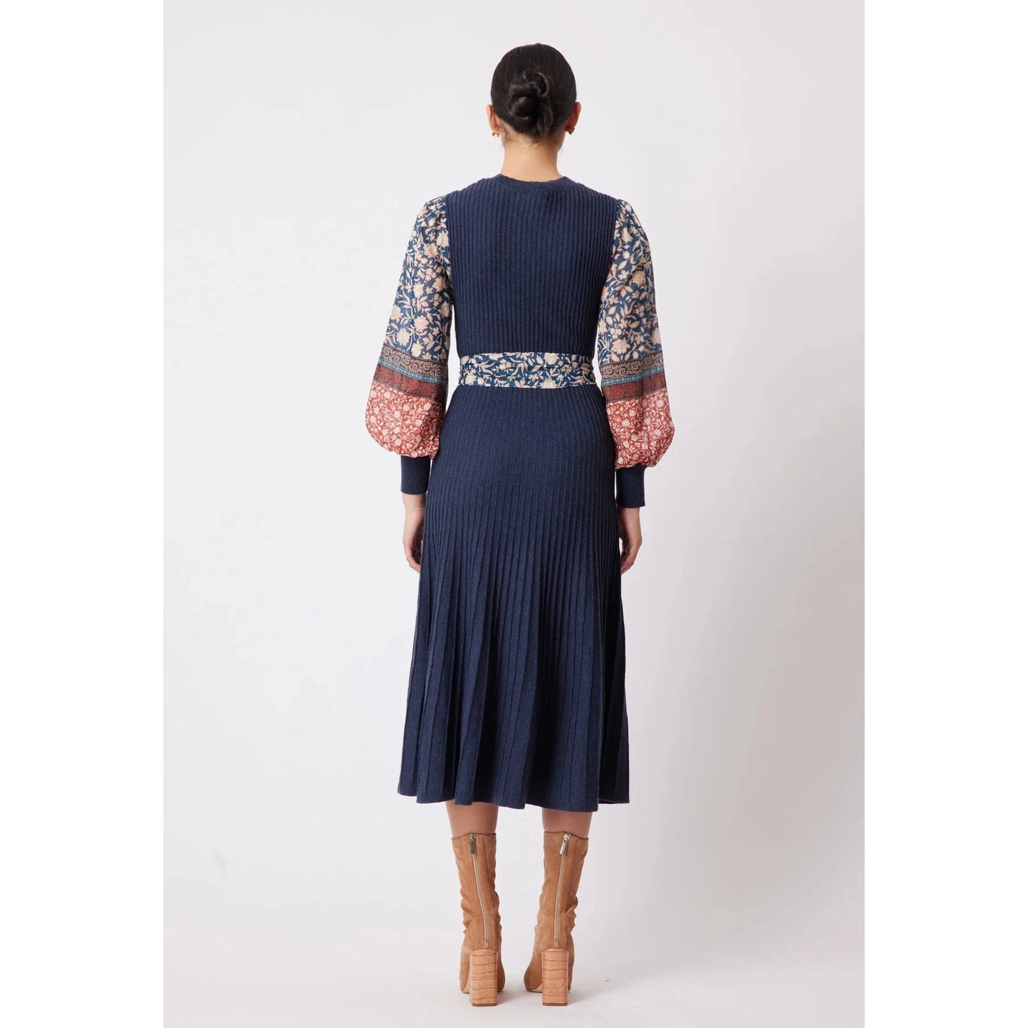 Once Was Chiara Cotton/Silk Sleeve Extra Fine Merino Wool Viscose Blend Knit Dress - Navy Loom