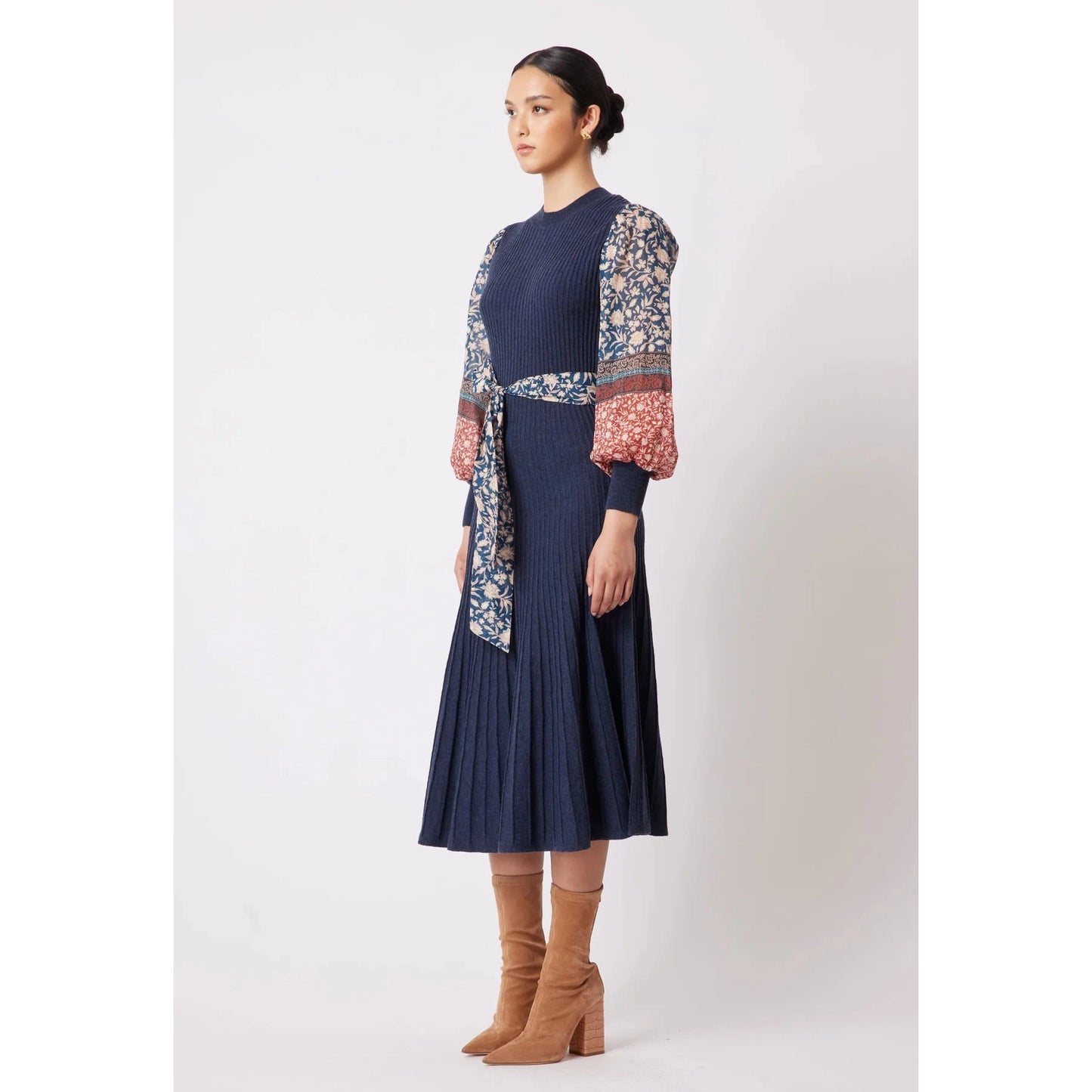 Once Was Chiara Cotton/Silk Sleeve Extra Fine Merino Wool Viscose Blend Knit Dress - Navy Loom