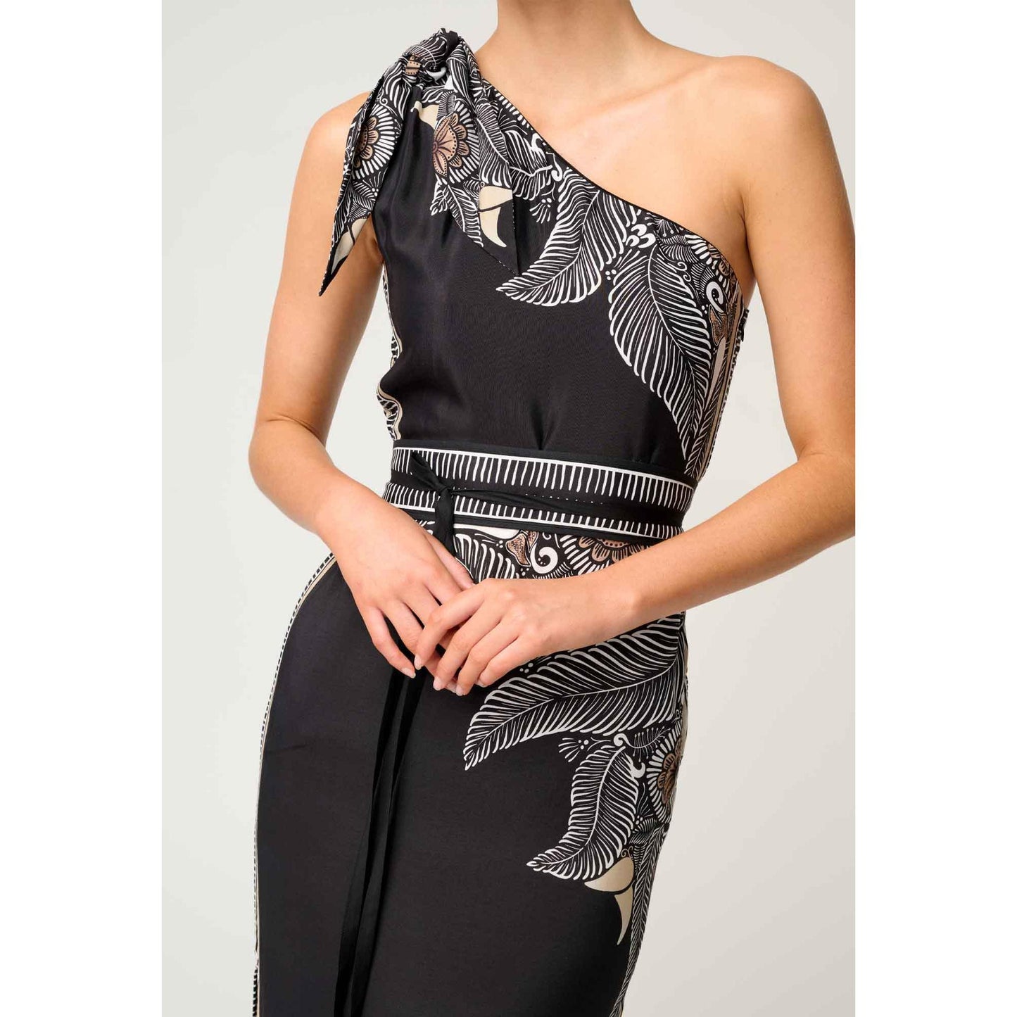 Once Was Amira One Shoulder Tie Placement Print Dress - Onys Casablanca