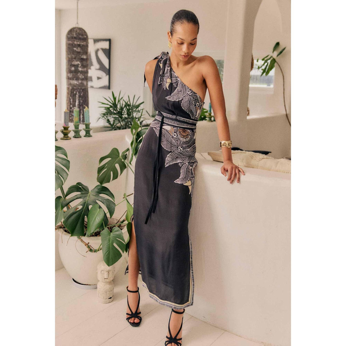 Once Was Amira One Shoulder Tie Placement Print Dress - Onys Casablanca