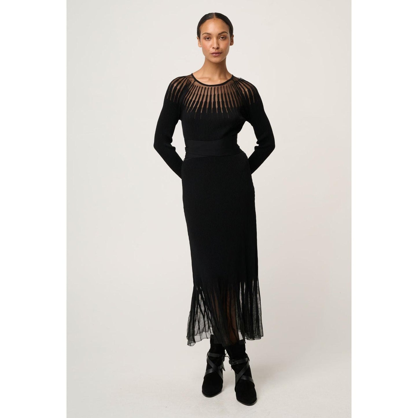 Once Was Rhiannon Sheer Neckline Knit Dress - Black  Once Was Pisces Boutique