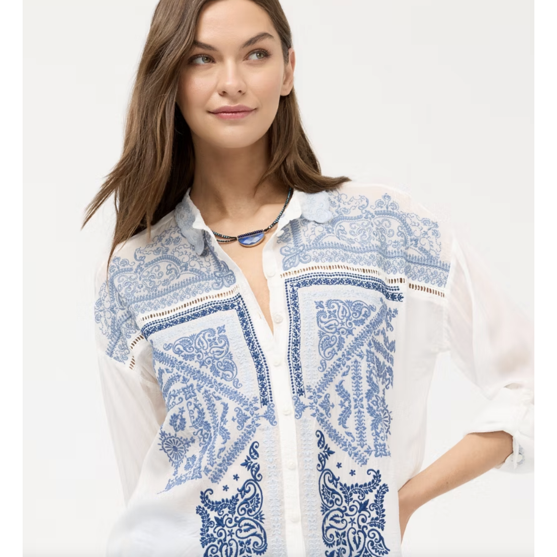 Johnny Was Slim Audrey Collared Shirt Bandana - White  Johnny Was Pisces Boutique