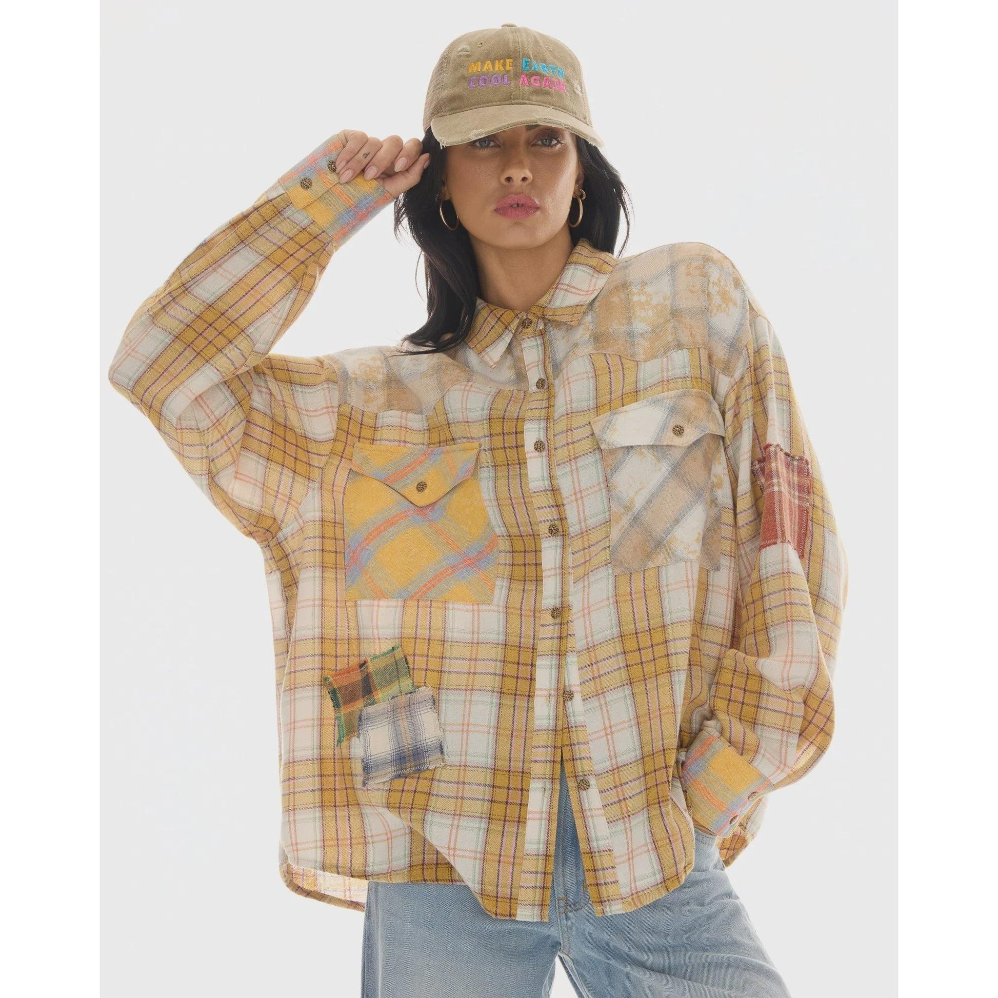The Tales Patched Up Yellow Flannel Western Shirt  The Tales Pisces Boutique