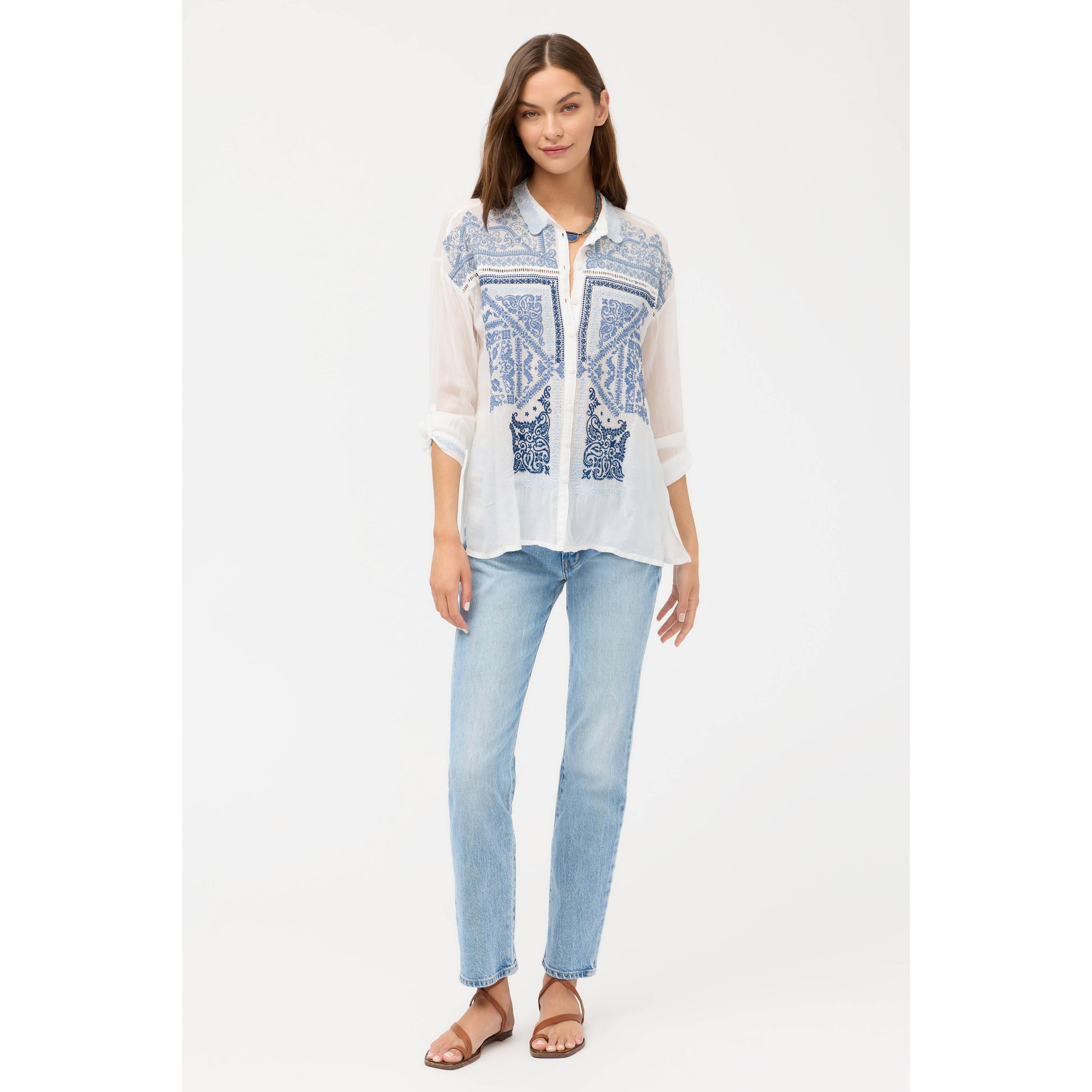 Johnny Was Slim Audrey Collared Shirt Bandana - White  Johnny Was Pisces Boutique