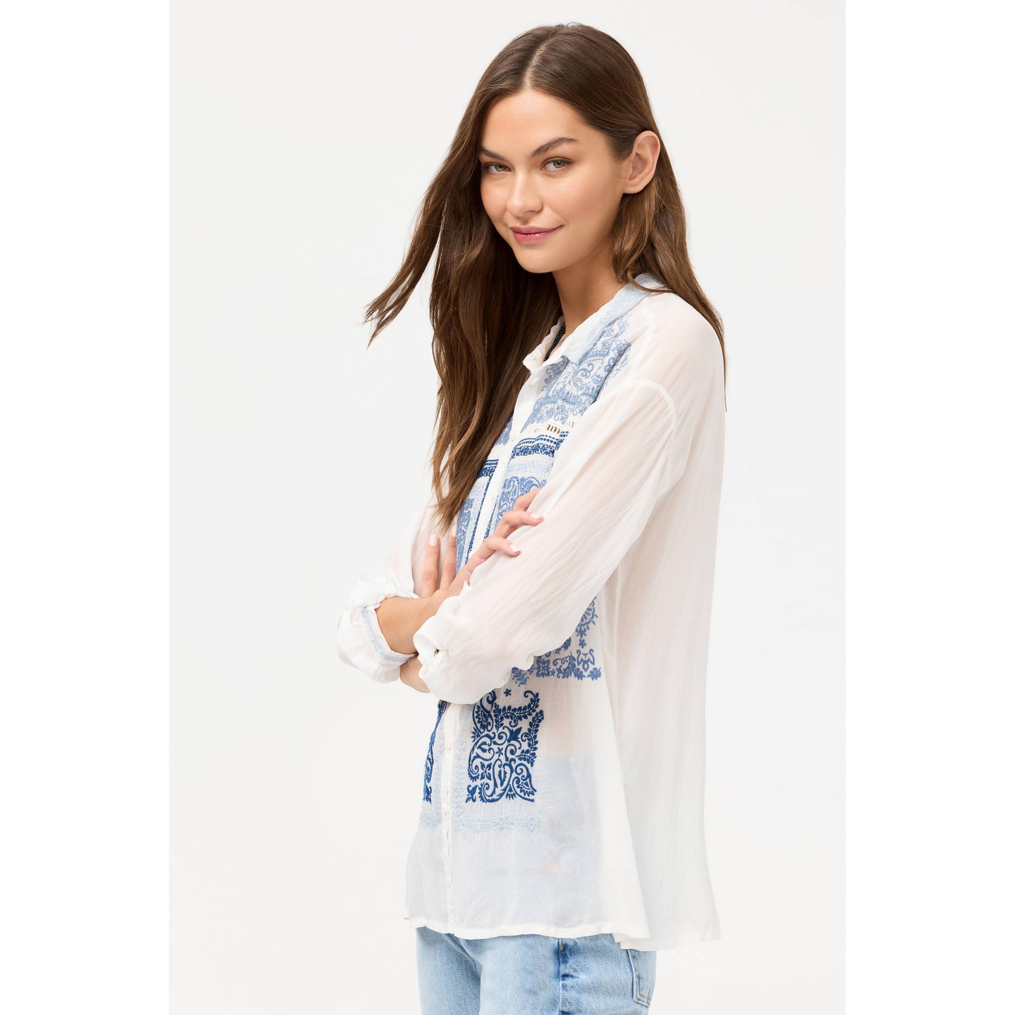 Johnny Was Slim Audrey Collared Shirt Bandana - White  Johnny Was Pisces Boutique