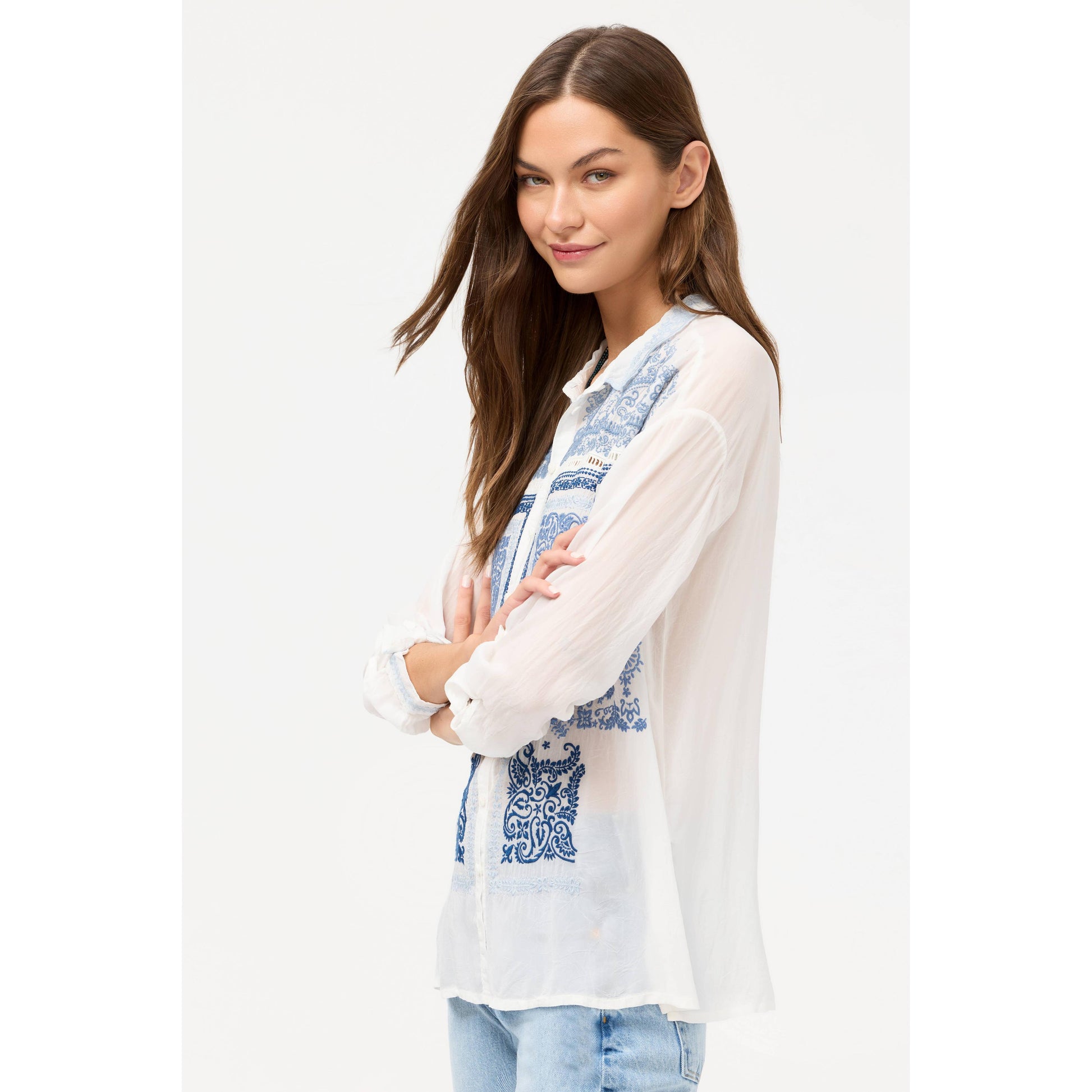 Johnny Was Slim Audrey Collared Shirt Bandana - White  Johnny Was Pisces Boutique