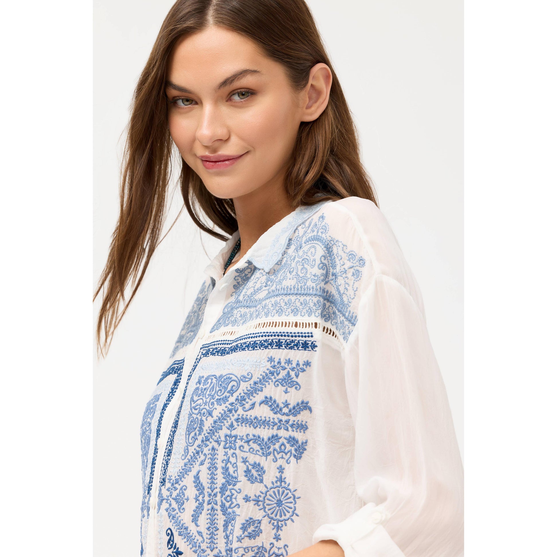 Johnny Was Slim Audrey Collared Shirt Bandana - White  Johnny Was Pisces Boutique