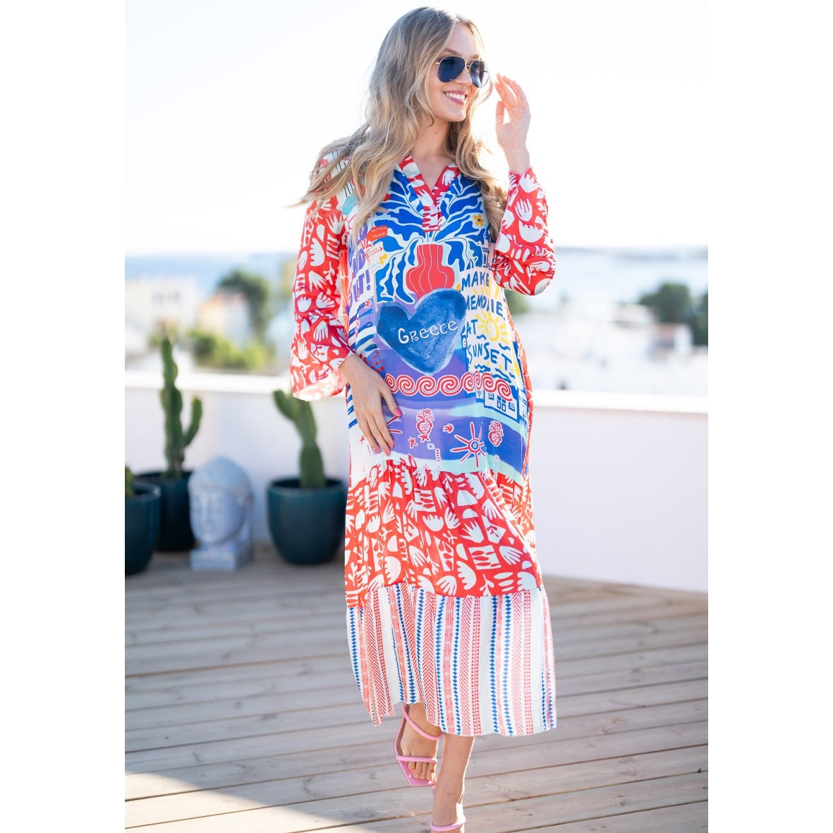 Miss GoodLife Indie Greece Dress Long - Red Lightblue