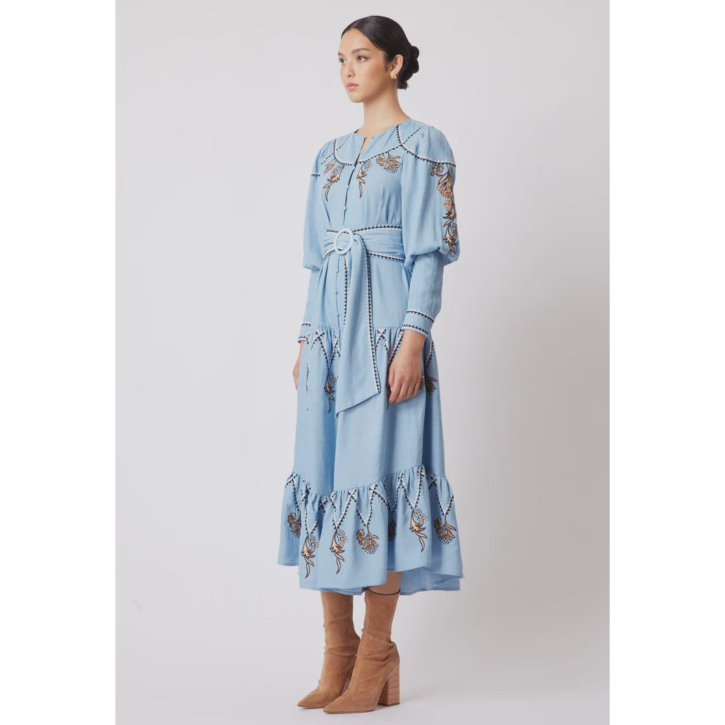 Once Was Getty Placement Embroidered Tencel Pleat Sleeve Maxi Dress - Chambray