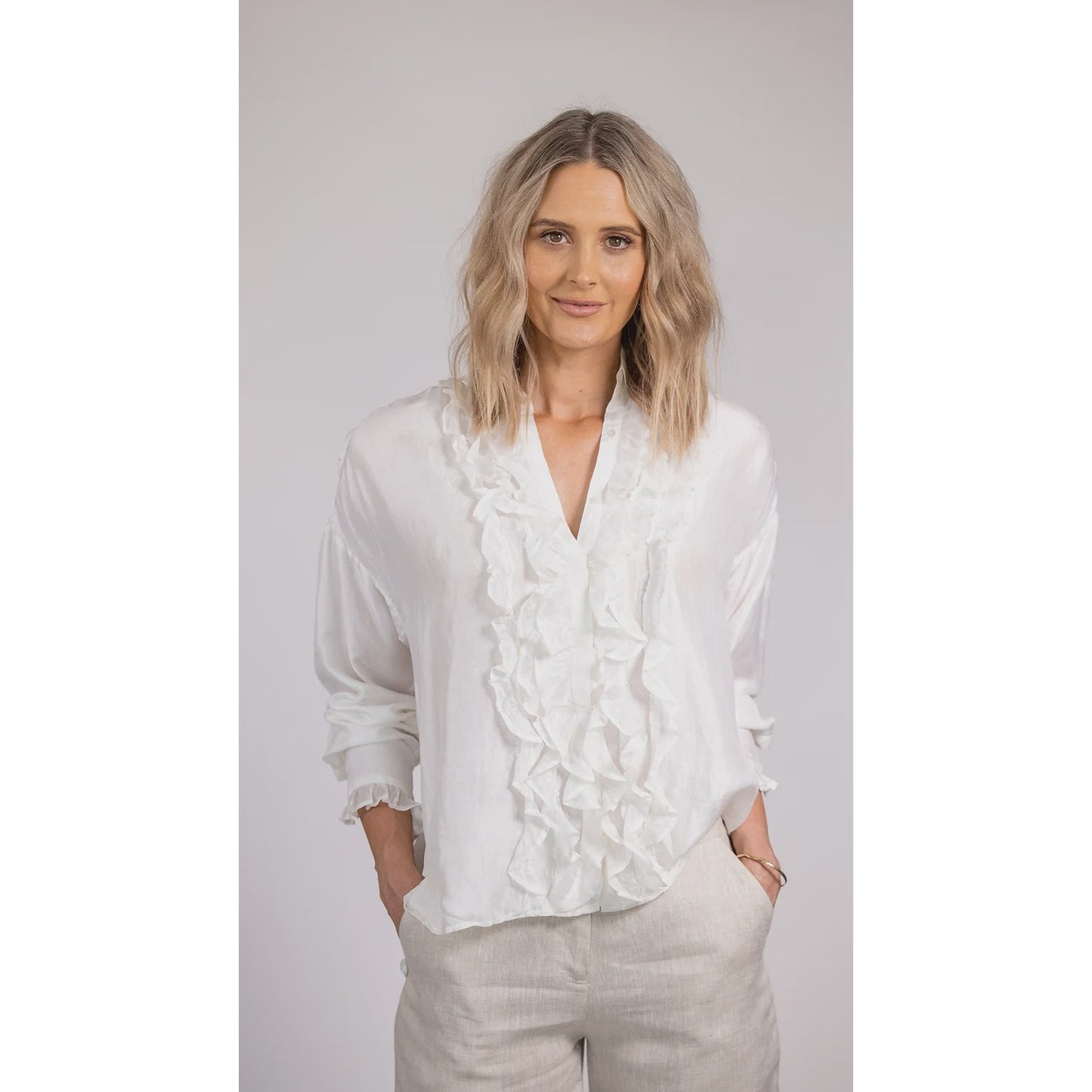 Cassandra Harper Ivory Ruffle Silk Shirt