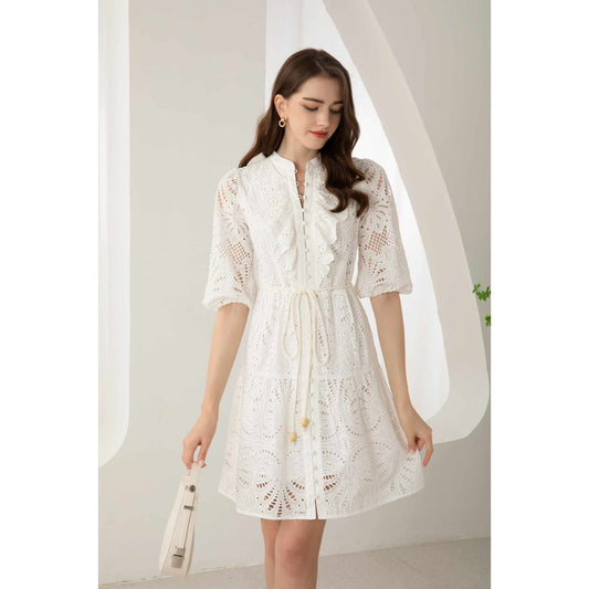 GDS Margot Embroidered Short Dress - White