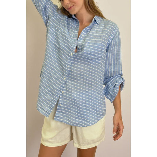 Hut Clothing The Boyfriend Linen Shirt - Periwinkle Horizontal Stripe