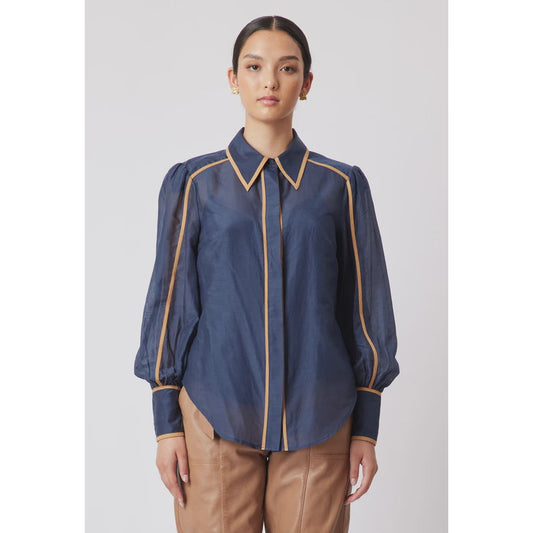 Once Was Tallitha Cotton/Silk Binding Detailed Collared Shirt - Navy/Husk