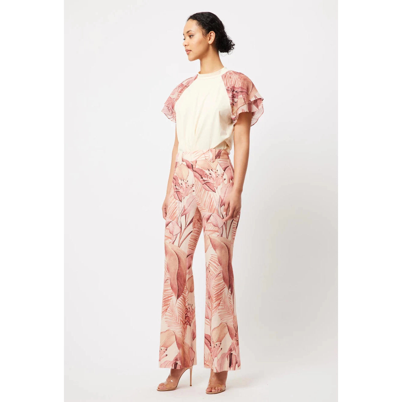 Once Was Estelle Linen/Viscose Tab Detail Flared Pant - Sunset Paradise Print