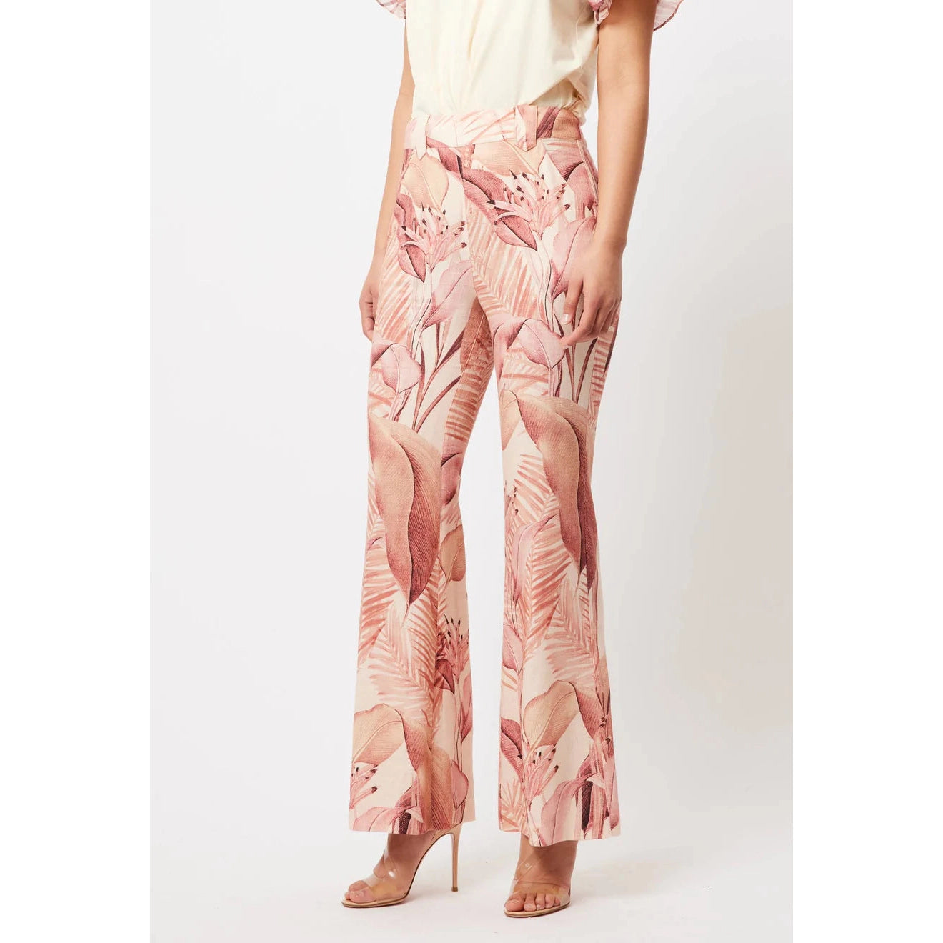 Once Was Estelle Linen/Viscose Tab Detail Flared Pant - Sunset Paradise Print  Once Was Pisces Boutique