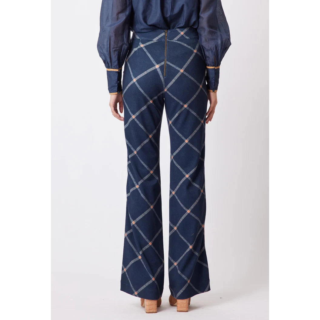 Once Was Getty Ponte Contrast Bind Flared Pant - Navy Check