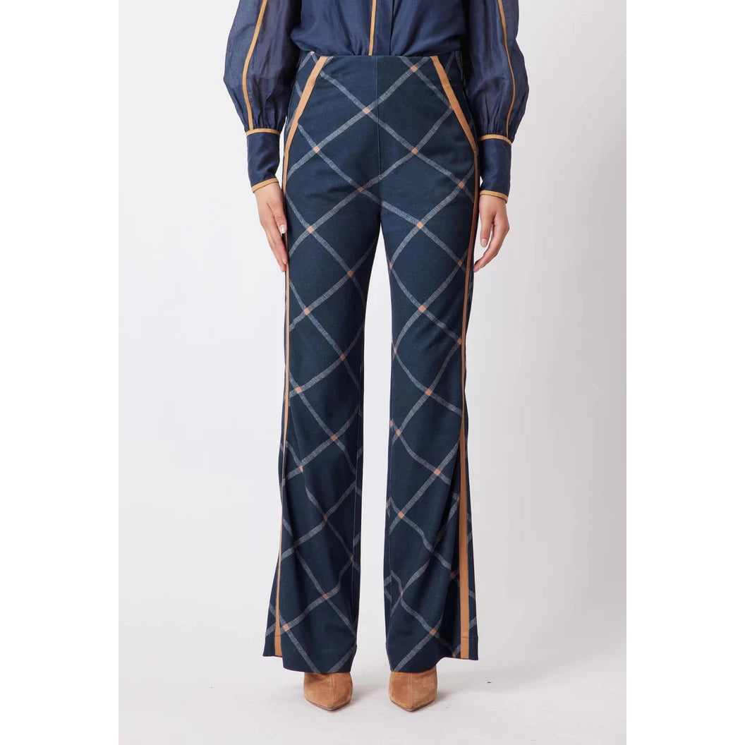 Once Was Getty Ponte Contrast Bind Flared Pant - Navy Check