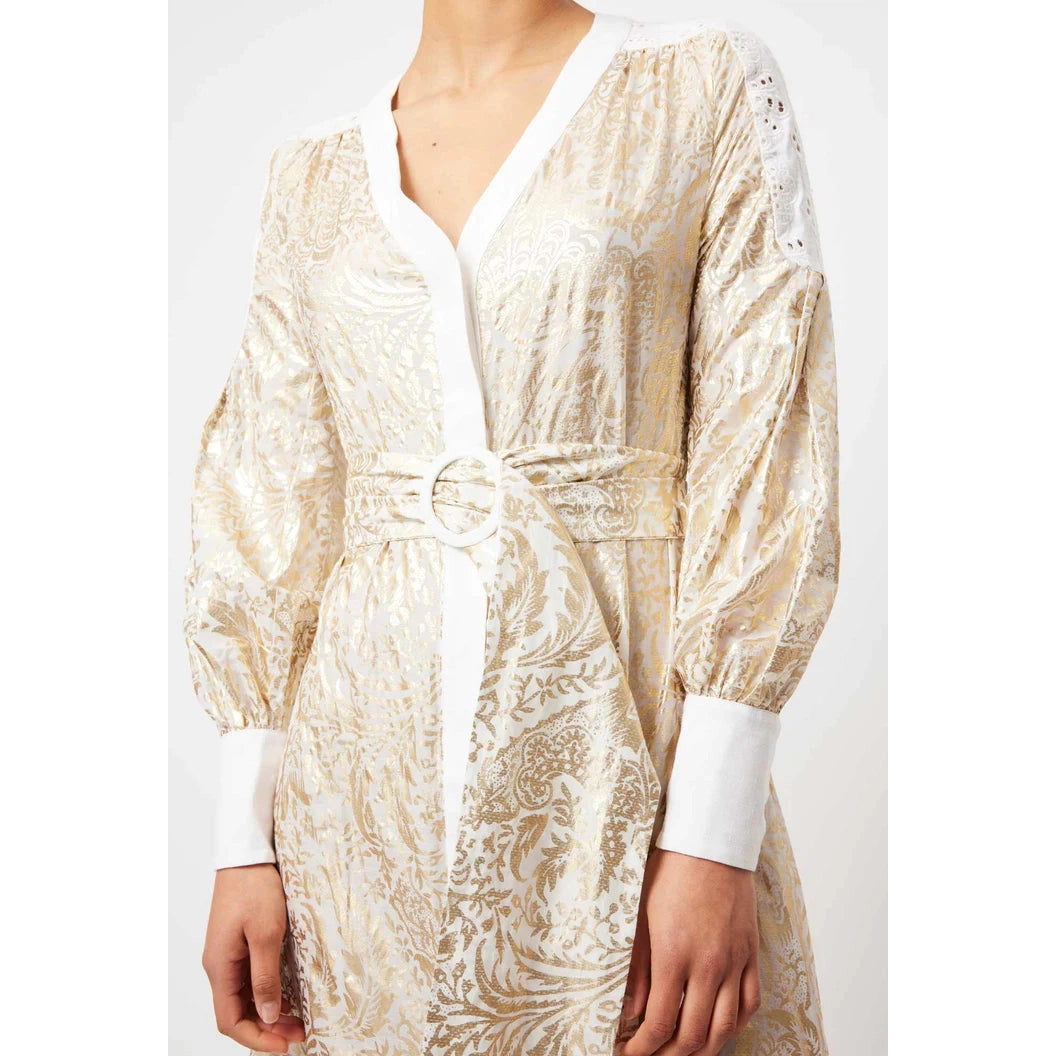 Once Was Elysian Contrast Panel Linen/Viscose Coat Dress - Gilded Arcadia Print  Once Was Pisces Boutique