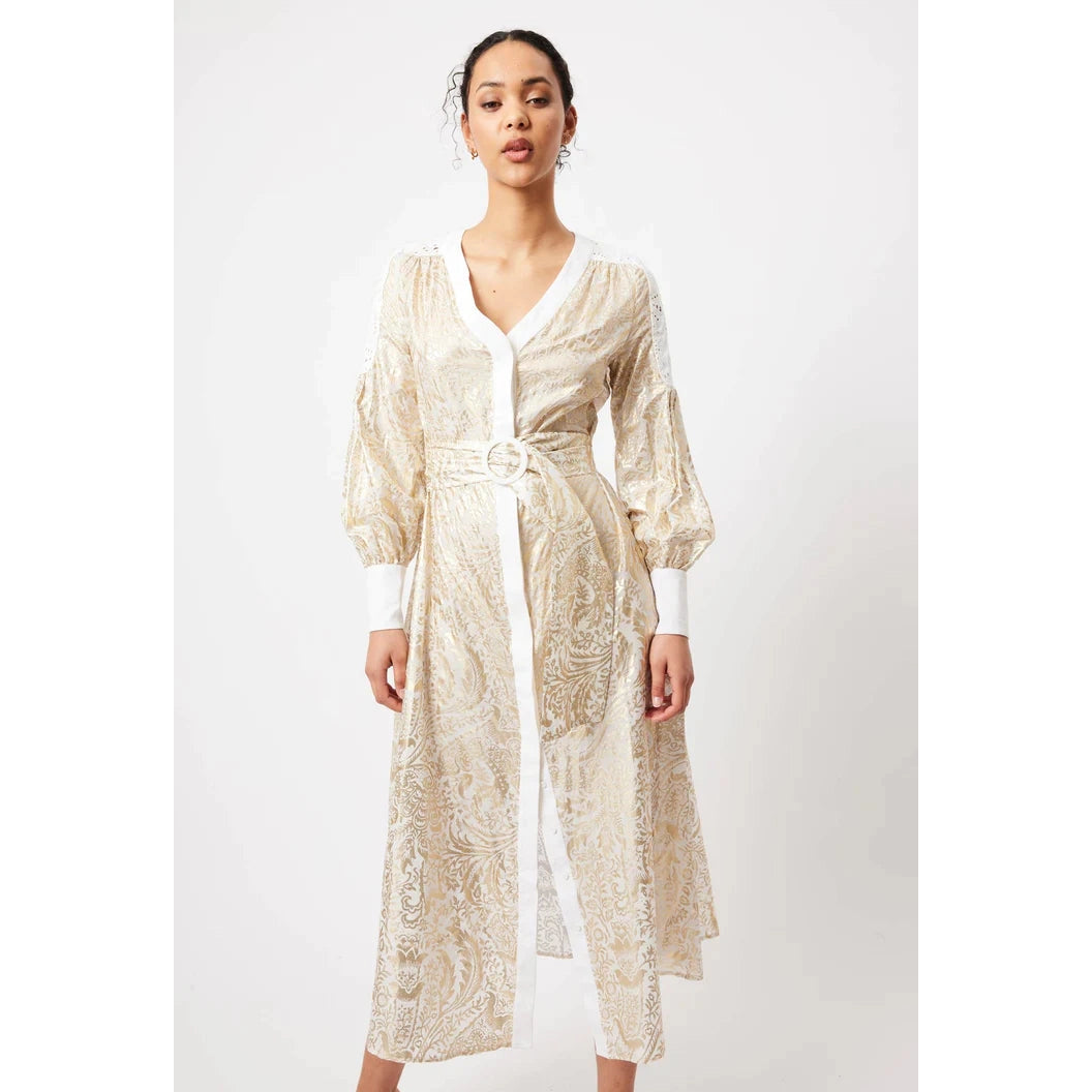 Once Was Elysian Contrast Panel Linen/Viscose Coat Dress - Gilded Arcadia Print  Once Was Pisces Boutique