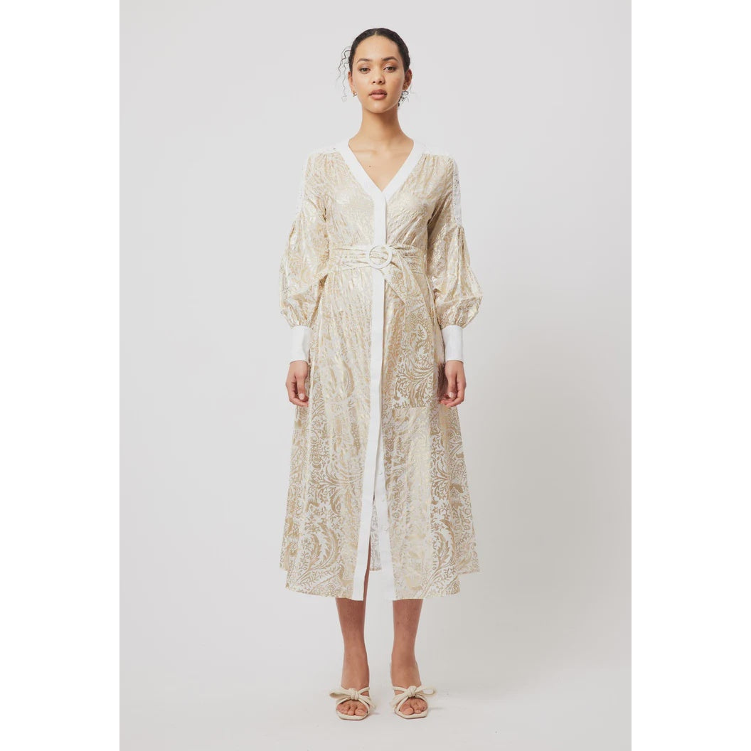Once Was Elysian Contrast Panel Linen/Viscose Coat Dress - Gilded Arcadia Print