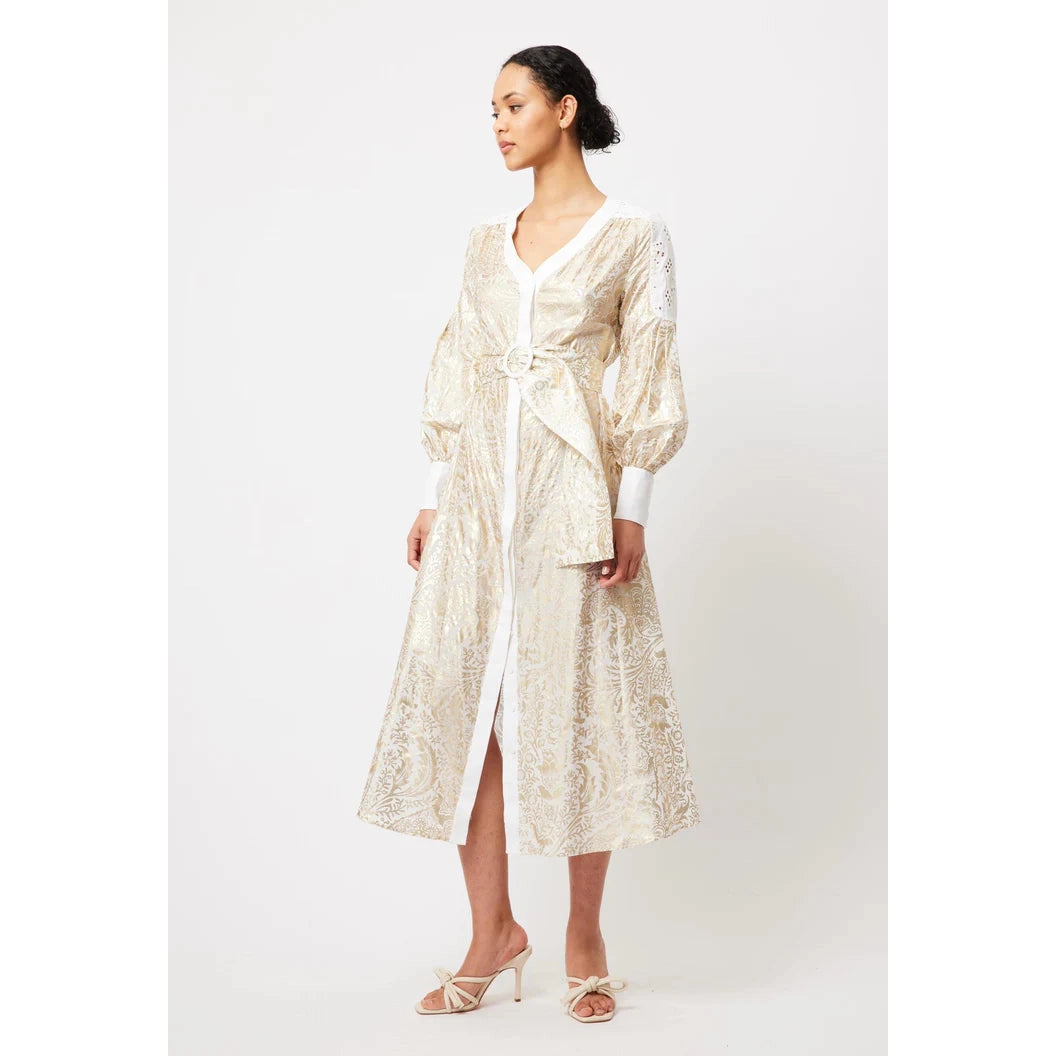Once Was Elysian Contrast Panel Linen/Viscose Coat Dress - Gilded Arcadia Print  Once Was Pisces Boutique
