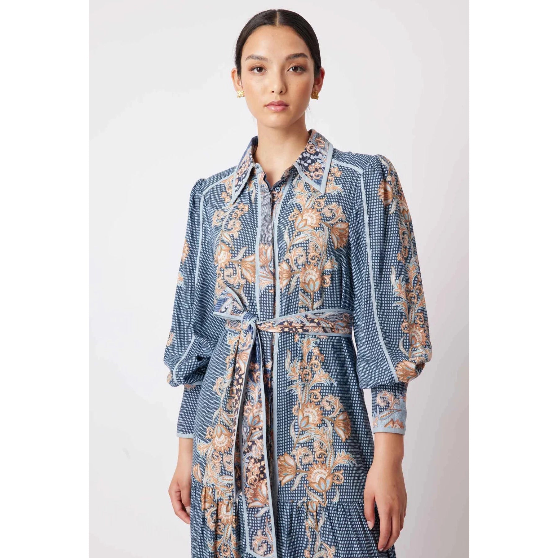 Once Was Tallitha Linen/Viscose Binding Detailed Collared Shirtdress - Como Flower  Once Was Pisces Boutique