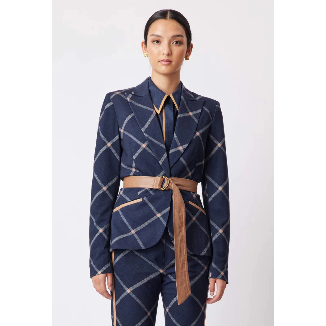 Once Was Getty Leather Belt Detail Ponte Blazer - Navy/Check